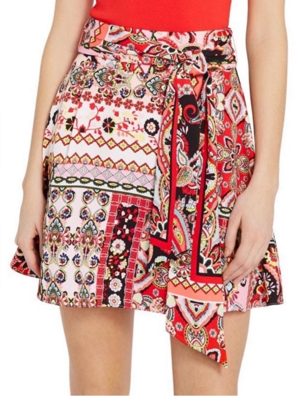 Alice + Olivia Helina Patchwork Floral Mini Skirt Multicolor Front Tie Size 8